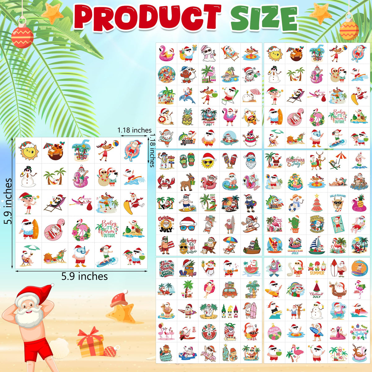 Huskein Summer Christmas Temporary Tattoos sheets with tropical designs