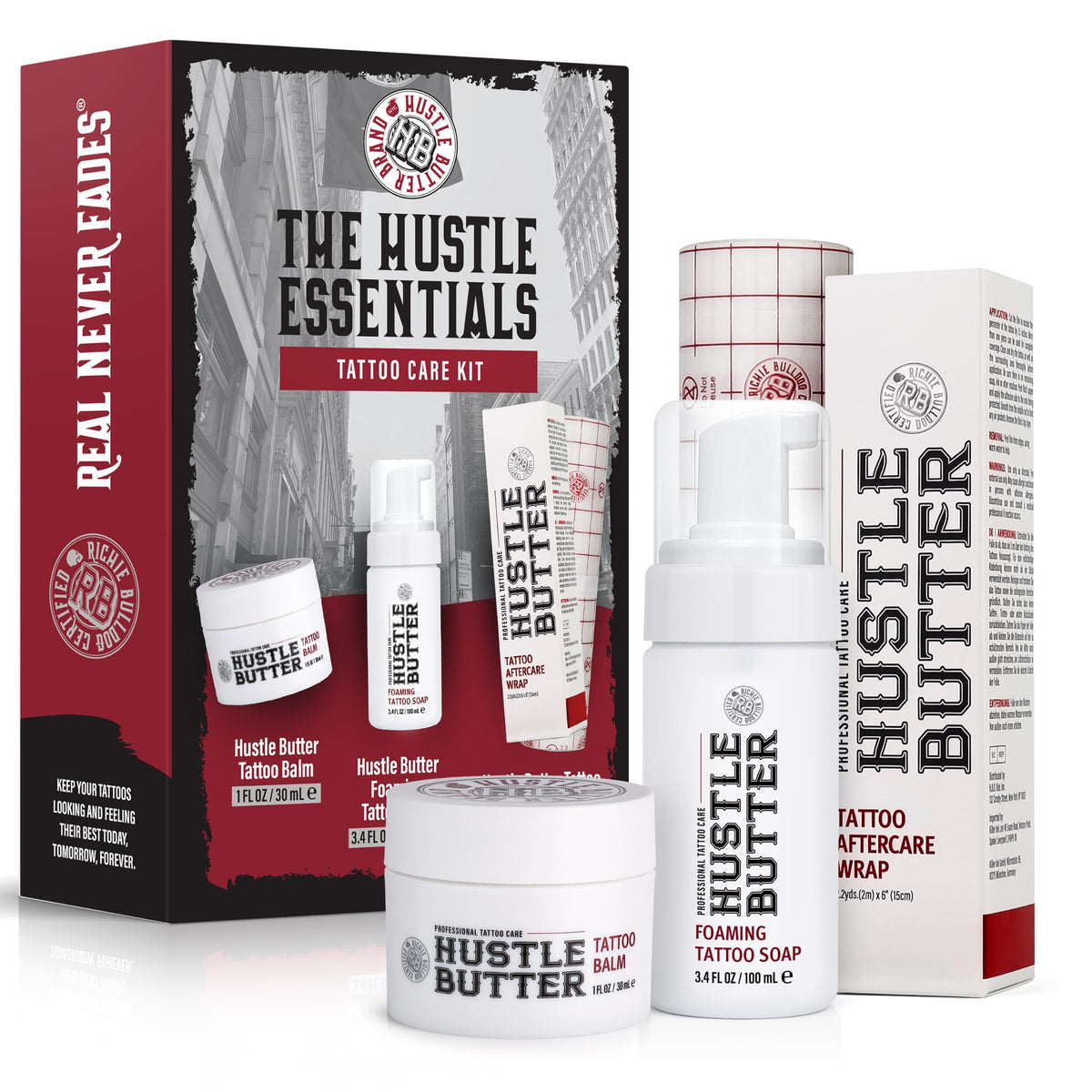 Hustle Butter Deluxe Tattoo Aftercare Kit with balm, soap, and wrap
