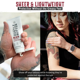 Hustle Butter Deluxe Tattoo Aftercare Sunscreen SPF 50 3 oz application on skin