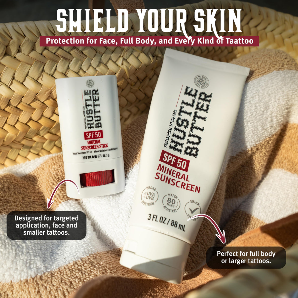 Hustle Butter Deluxe Tattoo Aftercare Sunscreen SPF 50 on a tattooed arm