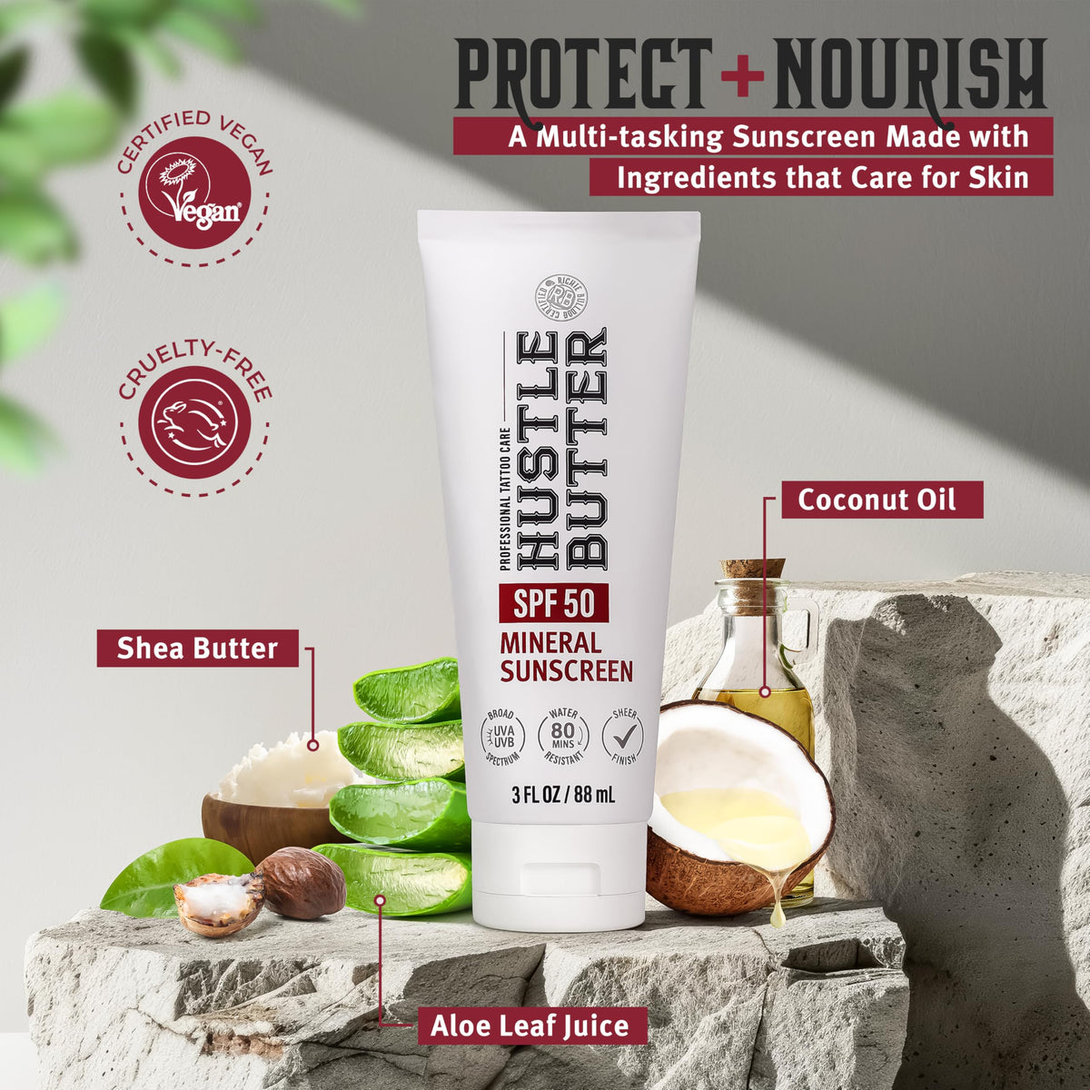 Hustle Butter Deluxe Tattoo Aftercare Sunscreen SPF 50 with beach scene