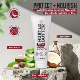 Hustle Butter Deluxe Tattoo Aftercare Sunscreen SPF 50 with beach scene