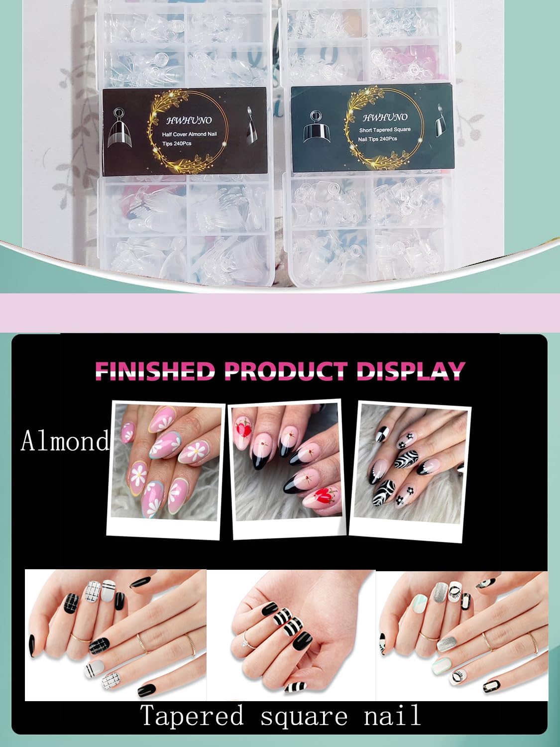 HWHUNO nail tips in clear finish with various sizes