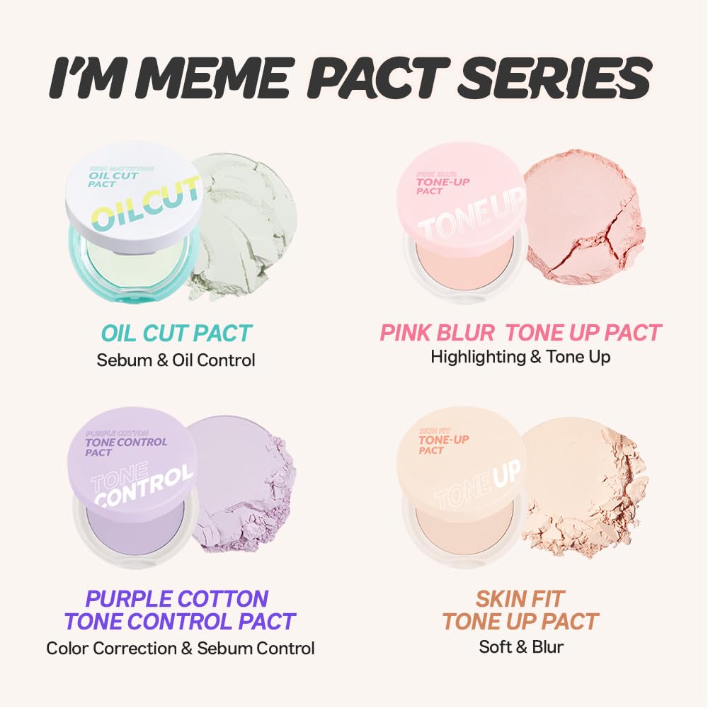 I'M MEME Compact Skin Fit Tone Up Pact with close-up of powder texture