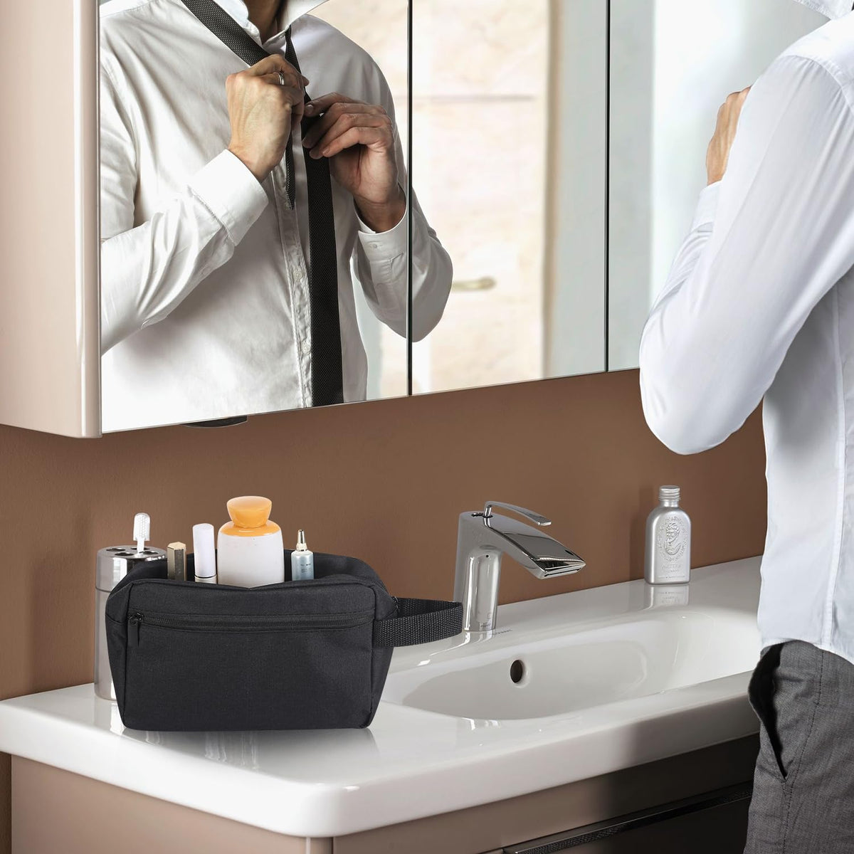Icramsy Travel Toiletry Bag black displayed on a bathroom counter