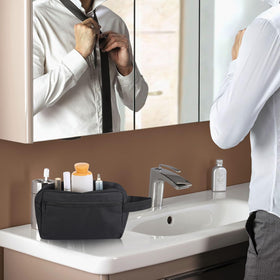 Icramsy Travel Toiletry Bag black displayed on a bathroom counter