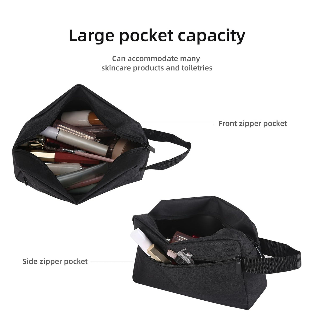 Icramsy Travel Toiletry Bag black filled with toiletries