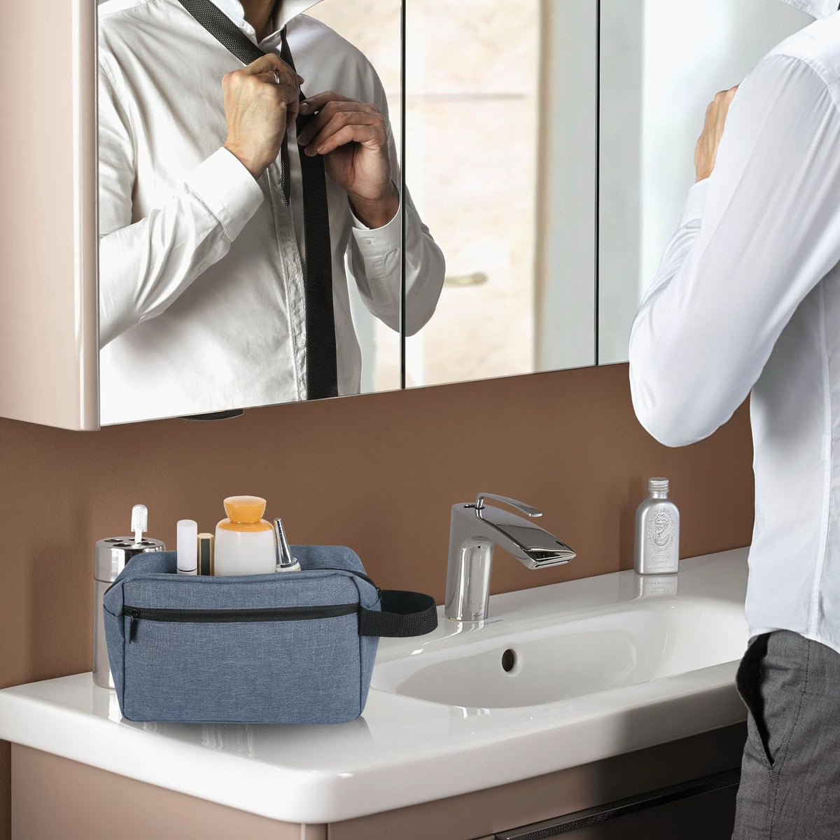 Icramsy Travel Toiletry Bag Blue on a travel setting