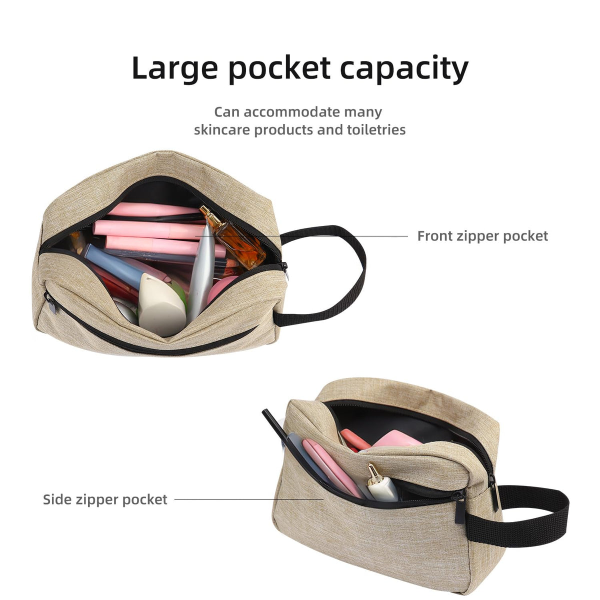 Icramsy Travel Toiletry Bag Khaki interior compartments