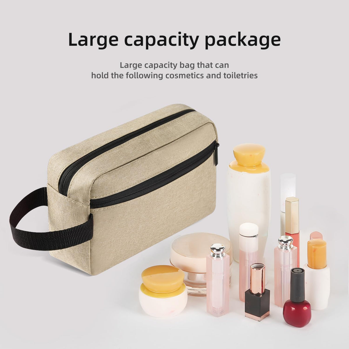 Icramsy Travel Toiletry Bag Khaki with toiletries inside