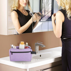 Icramsy Travel Toiletry Bag purple displayed with travel accessories