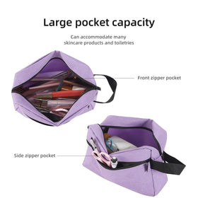 Icramsy Travel Toiletry Bag purple on a bathroom counter