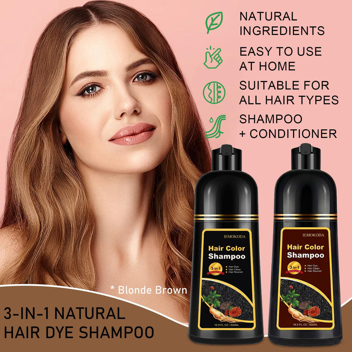 iemokoda Blonde Brown Hair Dye Shampoo 3 in 1 back view