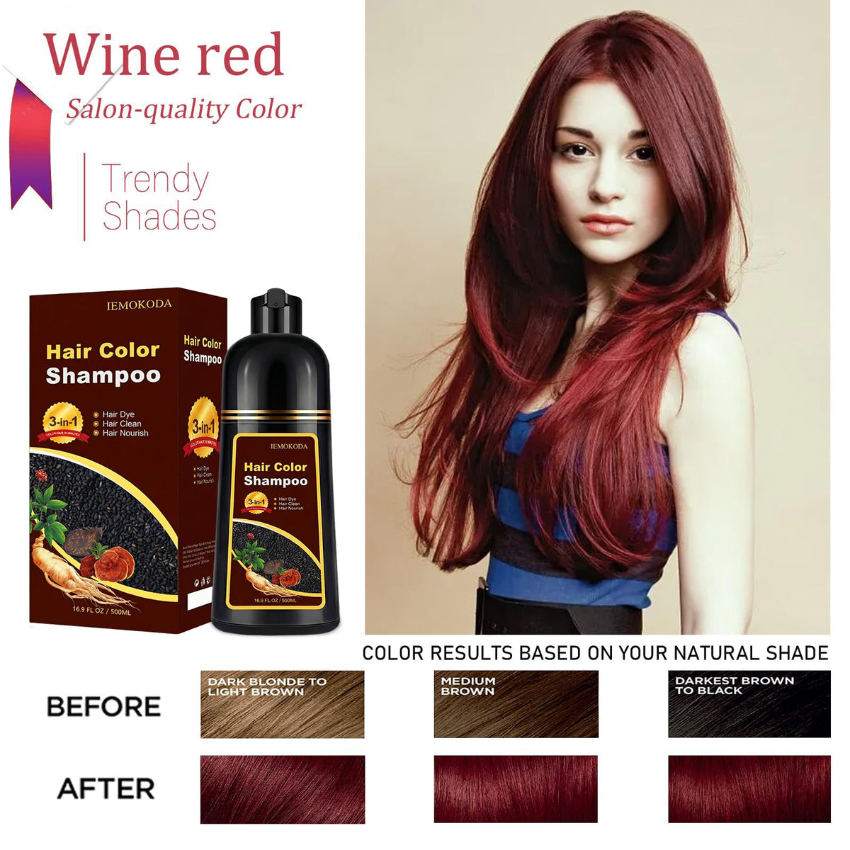 iemokoda Burgundy Hair Dye Shampoo 3 in 1 back view