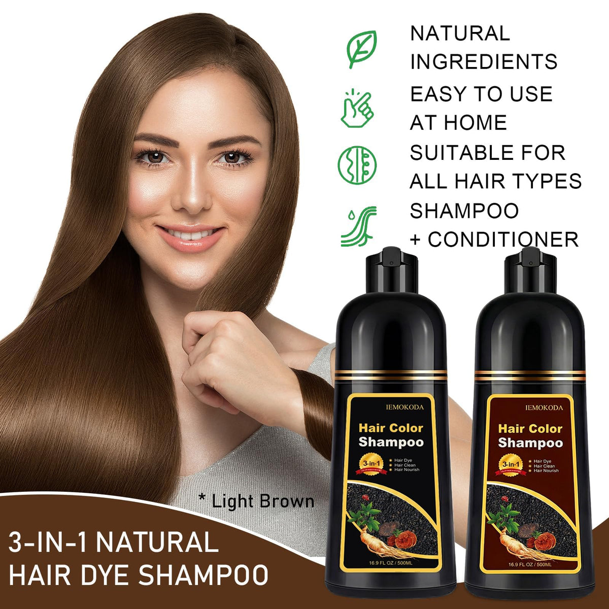 iemokoda Light Brown Hair Dye Shampoo 3 in 1 bottle side view