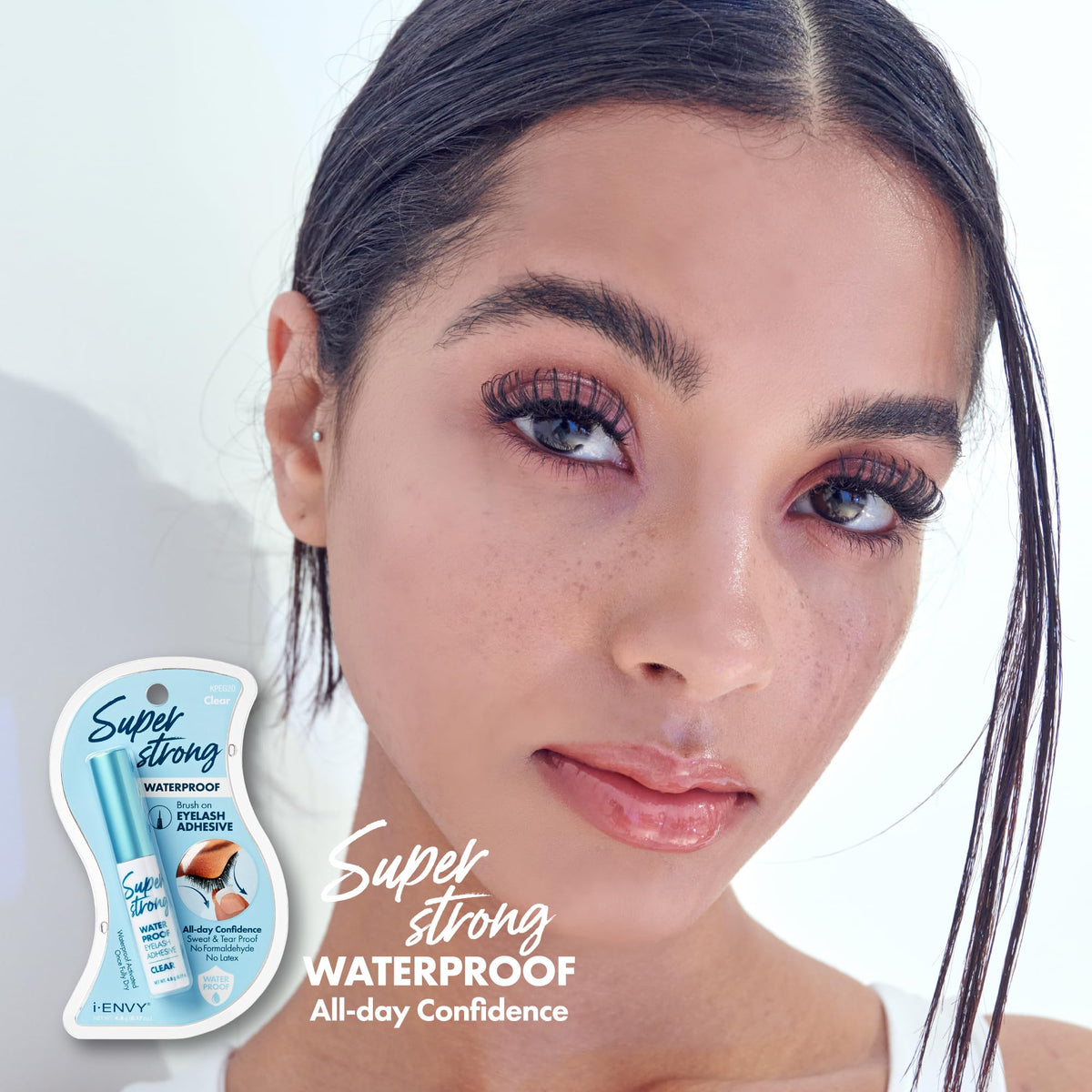 iENVY Super Strong Waterproof Clear Eyelash Adhesive in use with false lashes