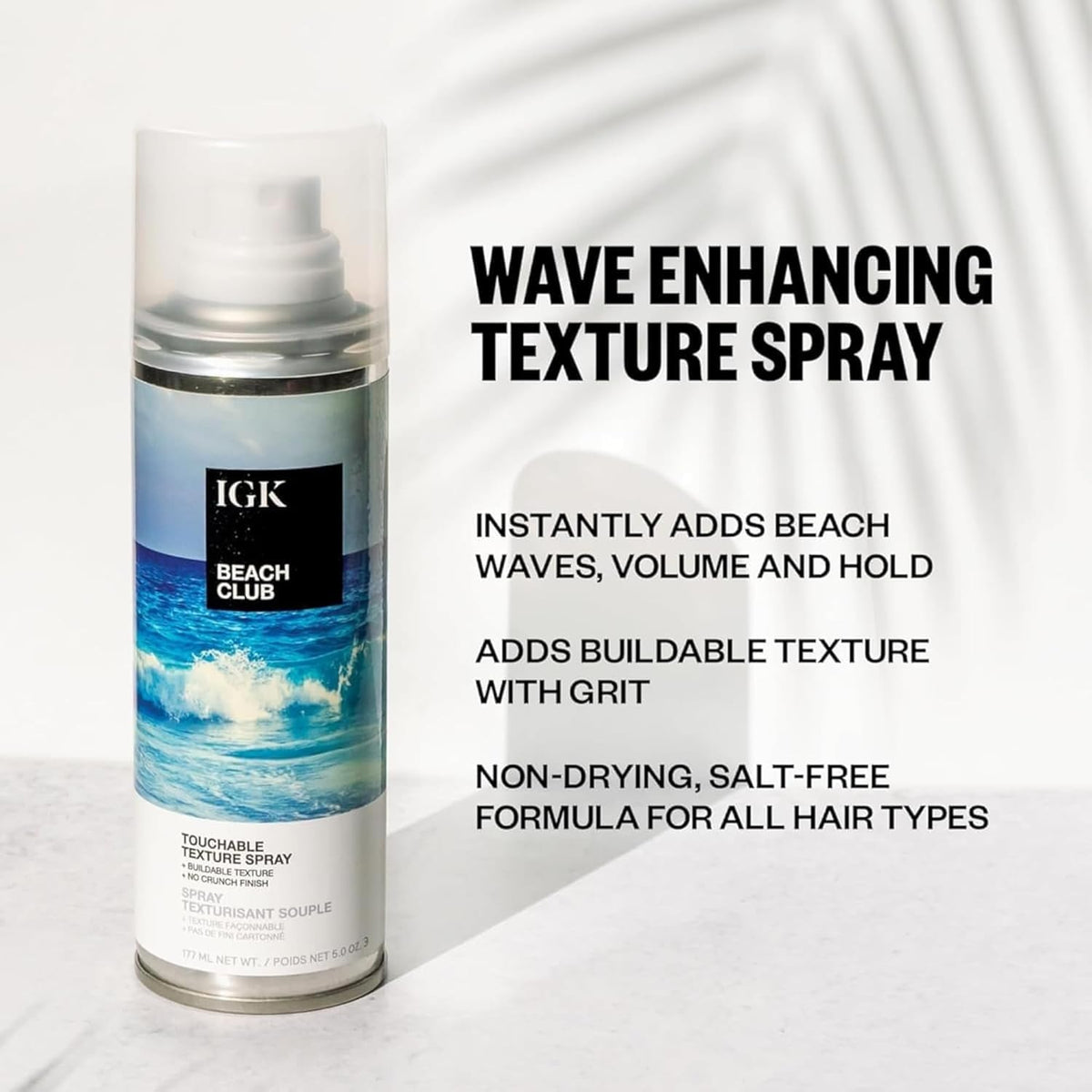 IGK Beach Club Texture Spray side view showing can design