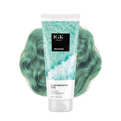 IGK Color Depositing Mask SEAFOAM front view with teal packaging