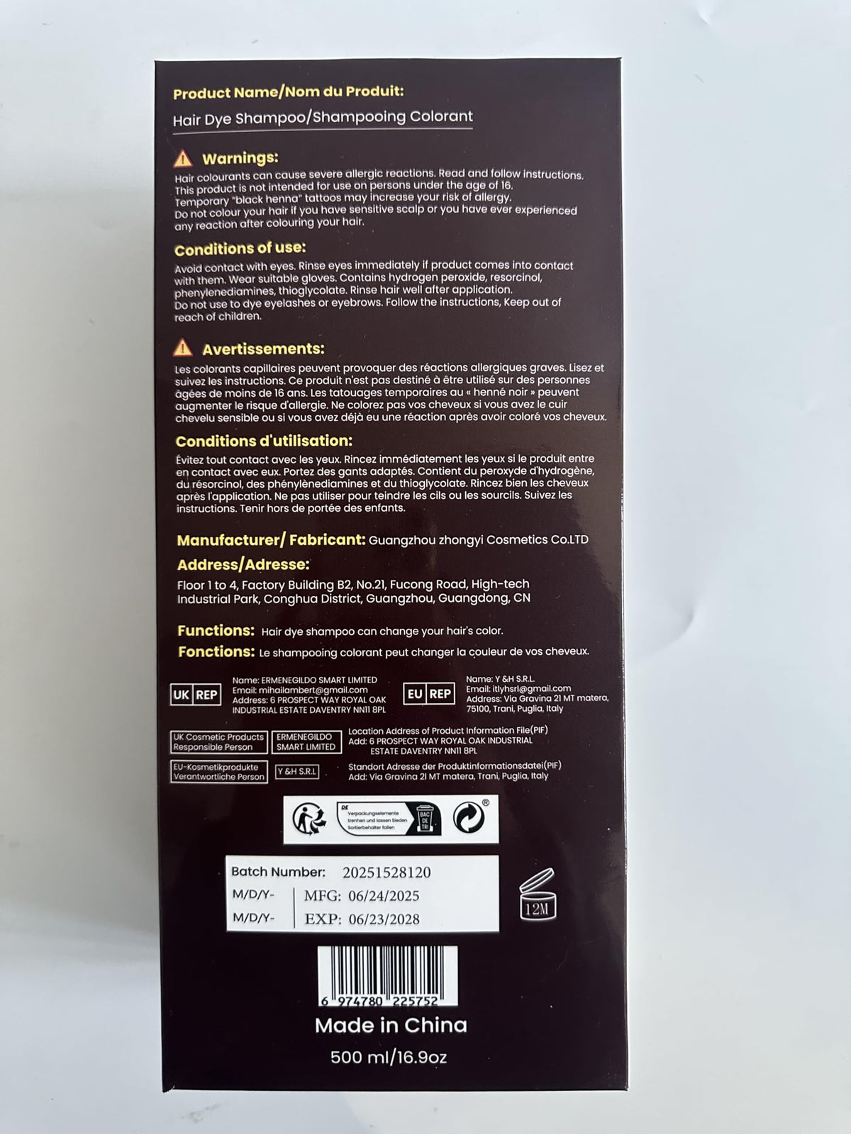IIIMEIDU Dark Coffee Hair Dye Shampoo 3 in 1 ingredients list