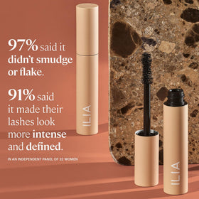ILIA Fullest Volumizing Mascara Classic Black applied on lashes