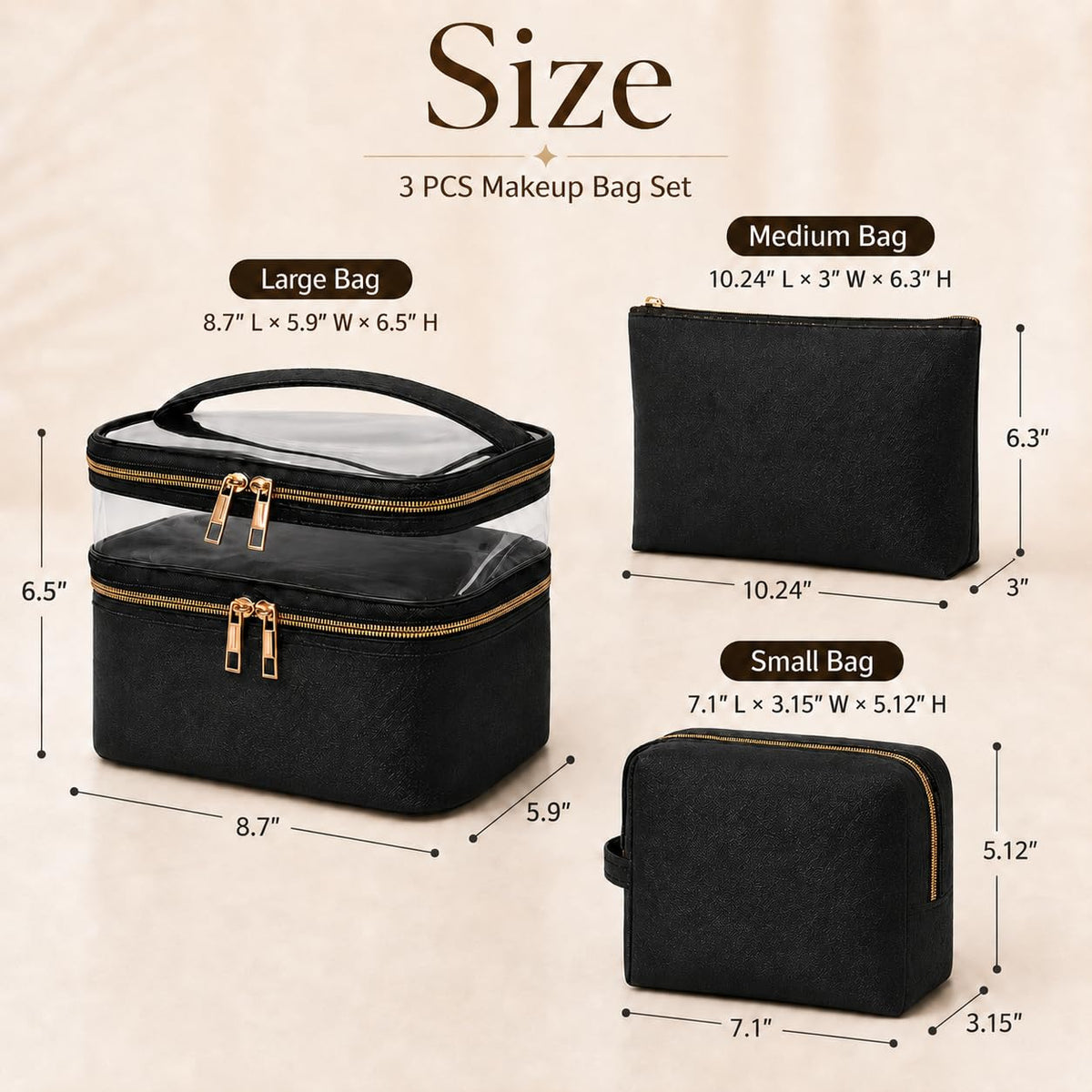 imerelez 3PCS PU Leather Makeup Bag medium pouch in black
