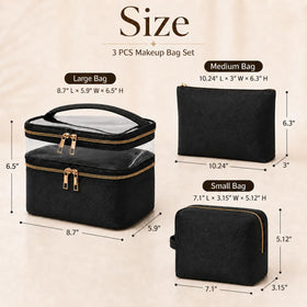 imerelez 3PCS PU Leather Makeup Bag medium pouch in black