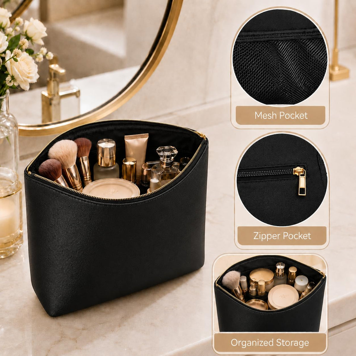 imerelez 3PCS PU Leather Makeup Bag set displayed on a vanity
