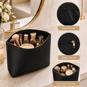 imerelez 3PCS PU Leather Makeup Bag set displayed on a vanity