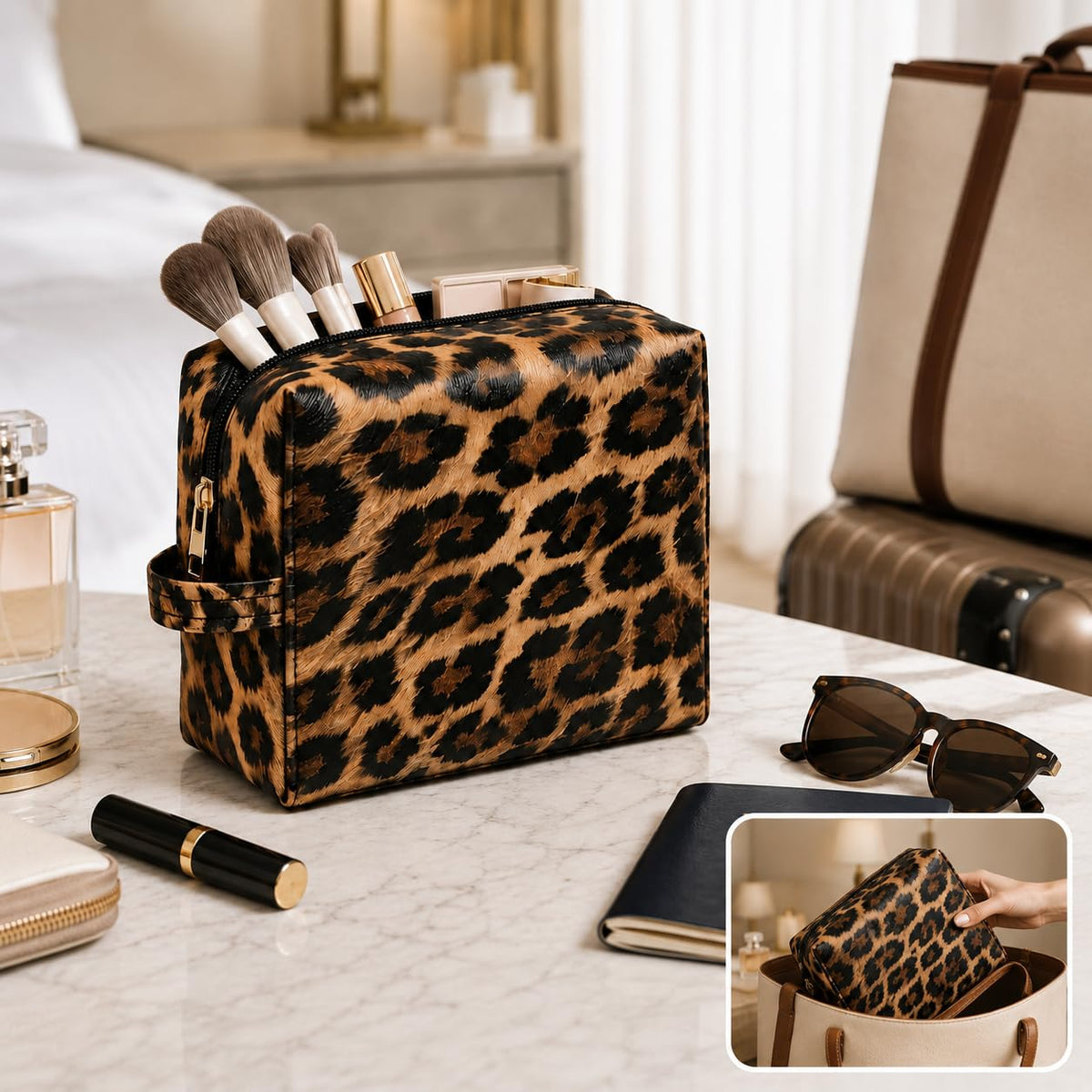 imerelez 3PCS PU Leather Makeup Bag Set lifestyle scene with travel essentials