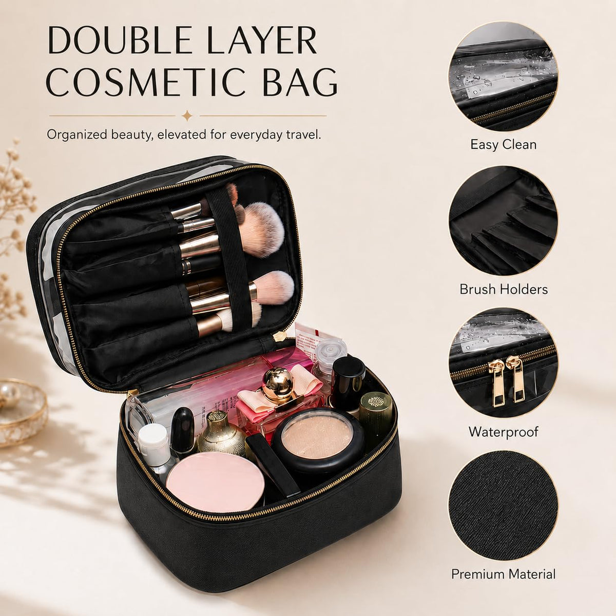 imerelez 3PCS PU Leather Makeup Bag small pouch in black