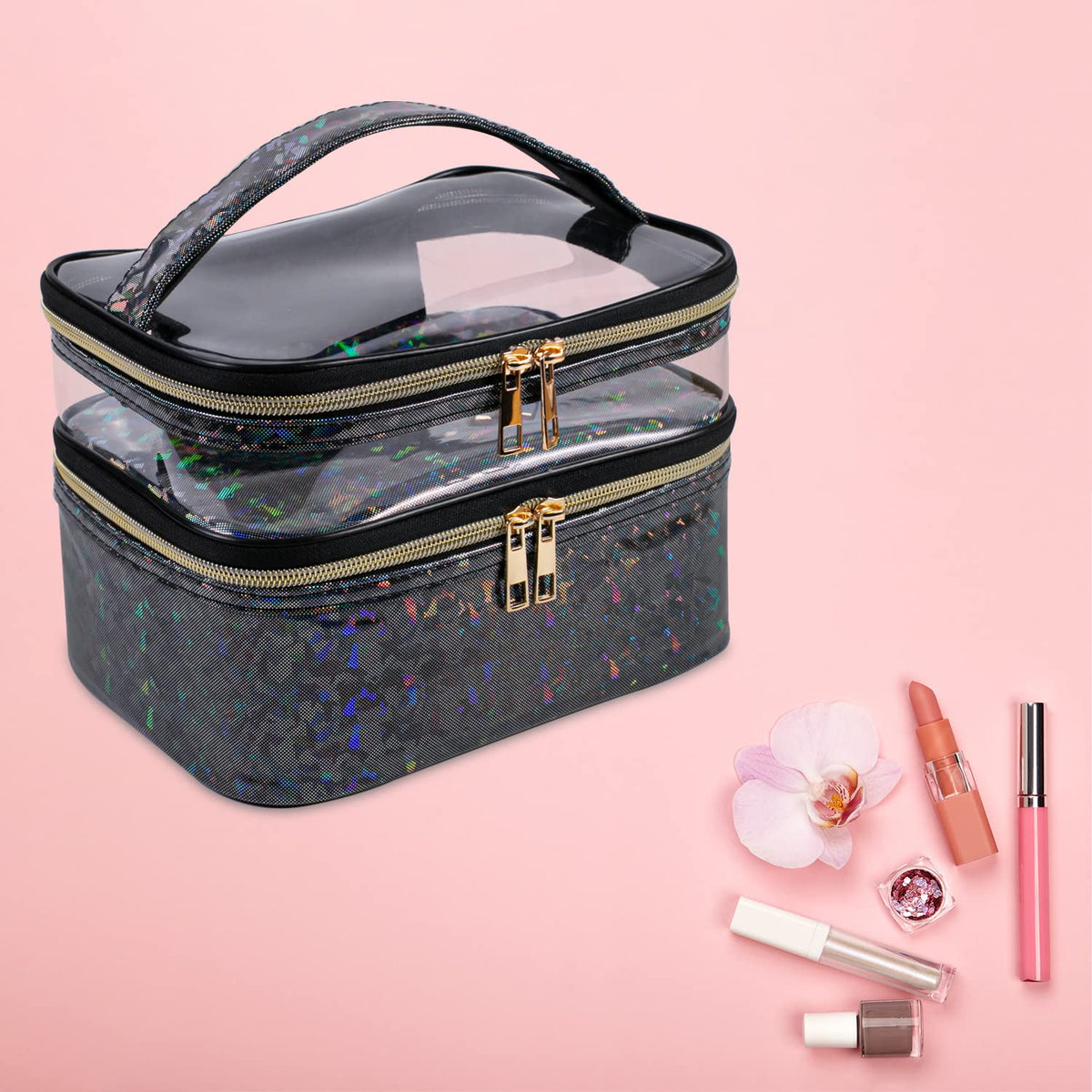 imerelez Double-layer Makeup Bag showing waterproof feature