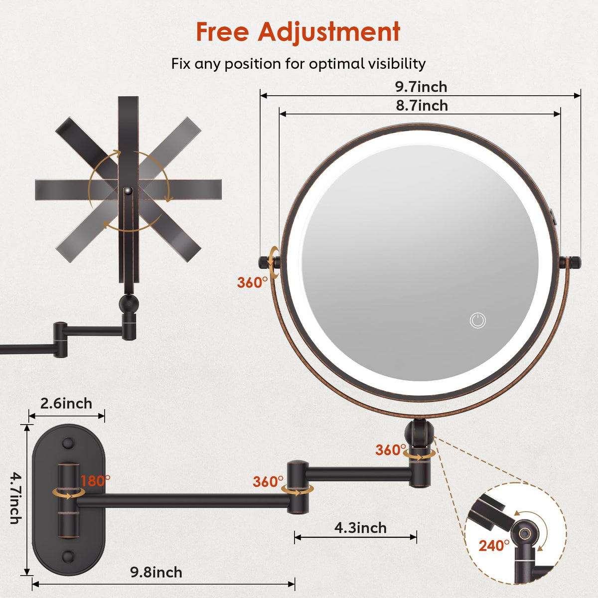 IMIKONA 9-inch lighted makeup mirror with charging cable and instructions