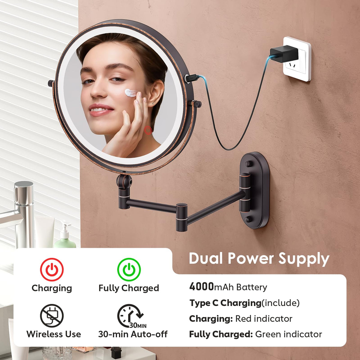 IMIKONA 9-inch lighted mirror with touch control and adjustable brightness