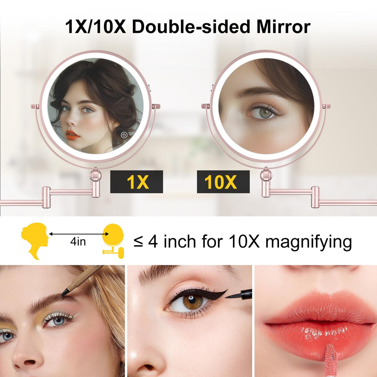 IMIKONA 9" Wall Mounted Lighted Makeup Mirror close-up of 10X magnification