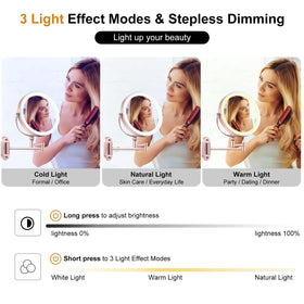 IMIKONA 9" Wall Mounted Lighted Makeup Mirror showing three colour light settings
