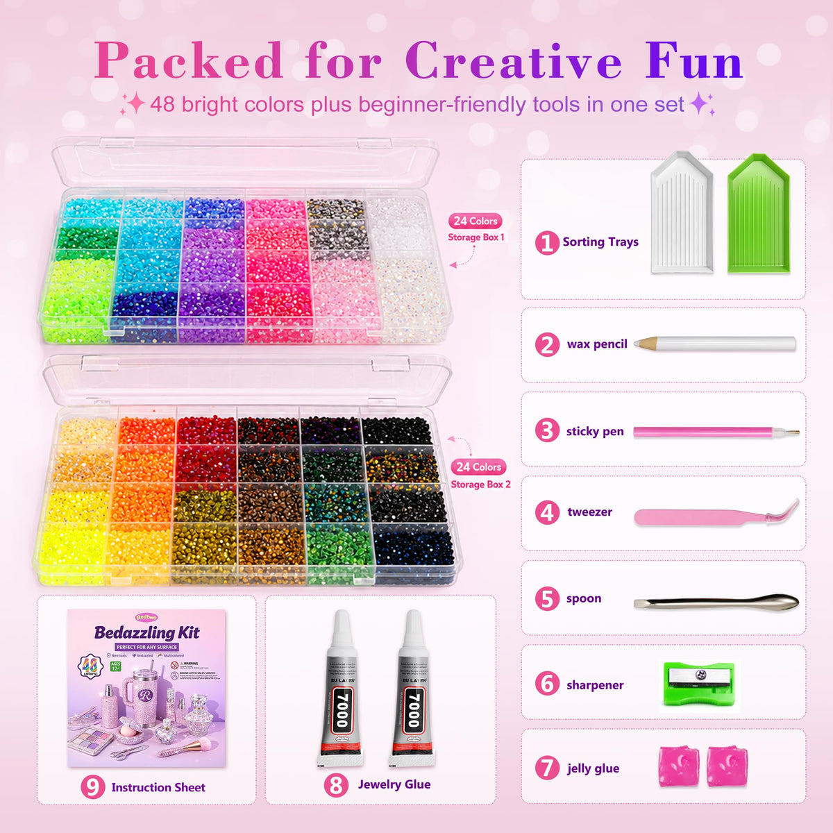 Included tools: glue, tweezers, and sorting trays