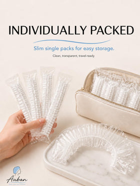 Individually wrapped Auban shower cap for travel