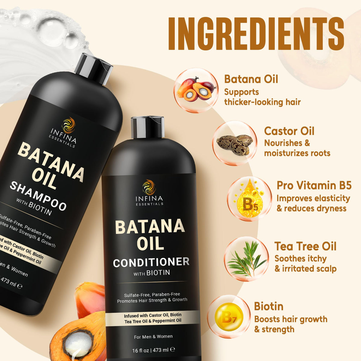 INFINA ESSENTIALS Batana Oil Shampoo and Conditioner Set packaging