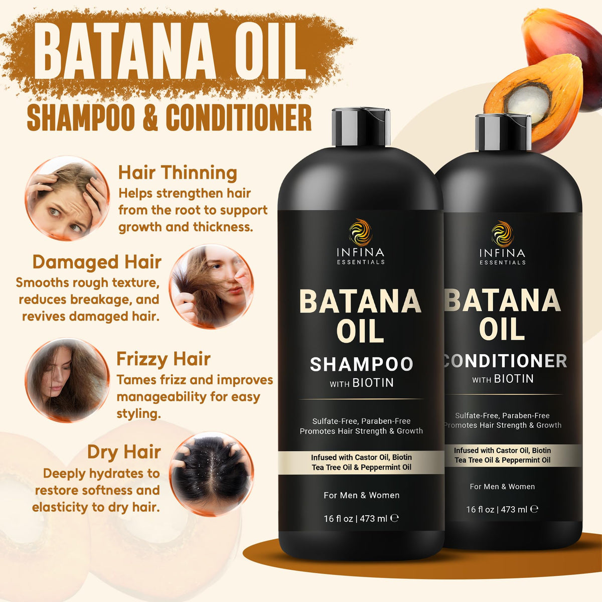 INFINA ESSENTIALS Batana Oil Shampoo bottle close-up