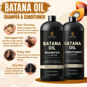 INFINA ESSENTIALS Batana Oil Shampoo bottle close-up