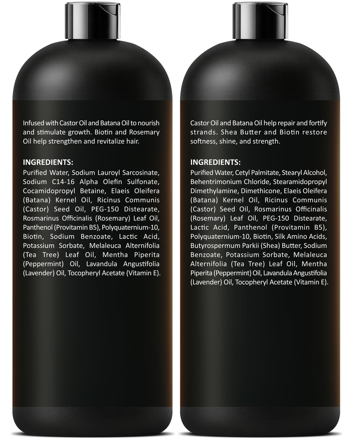 INFINA ESSENTIALS Castor Oil Batana Shampoo and Conditioner set on a bathroom shelf