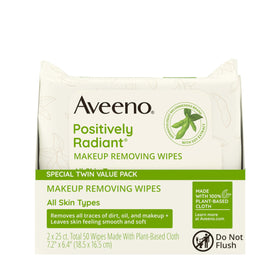 Ingredients list on Aveeno makeup remover wipes packaging