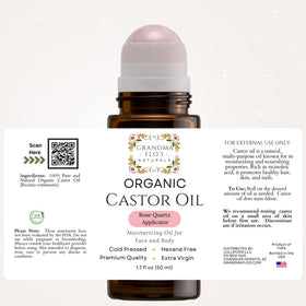Ingredients of Grandma Flo's Naturals Organic Castor Oil displayed on a wooden table