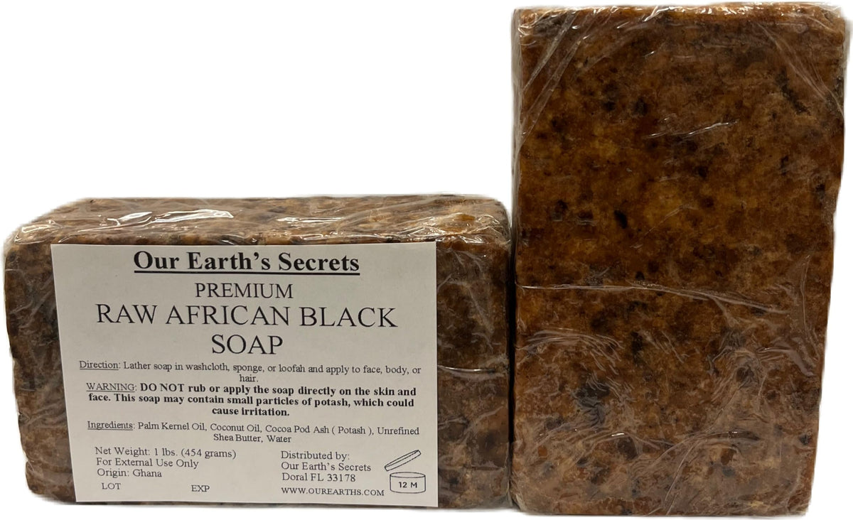 Ingredients of Our Earth's Secrets Raw African Black Soap displayed
