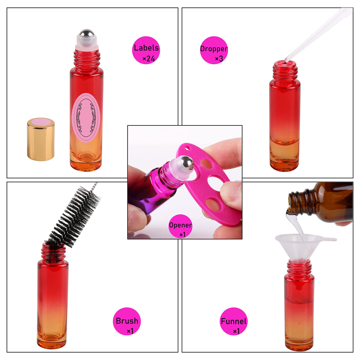 inice roller bottle set with accessories including labels and droppers