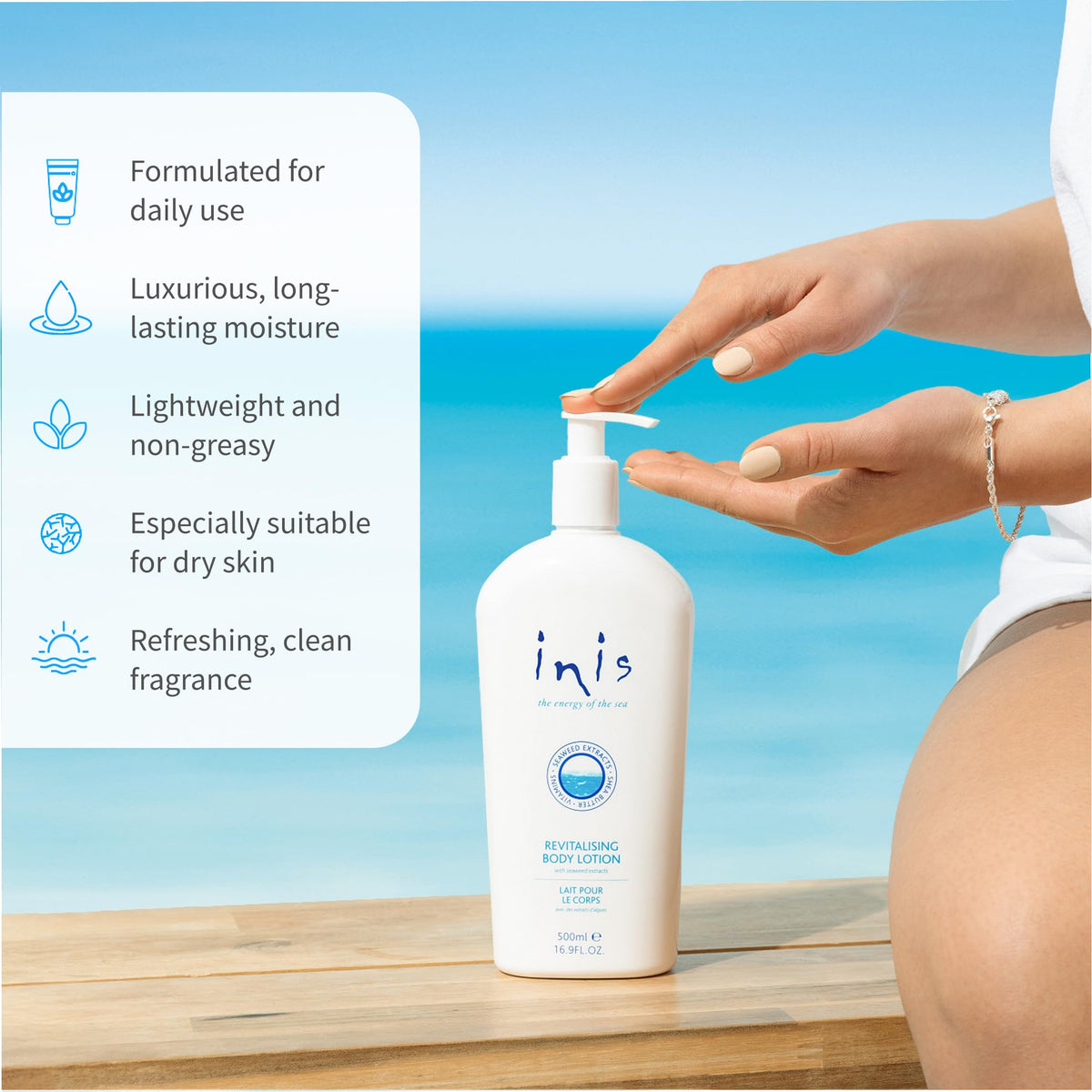 Inis Revitalizing Body Lotion with sea background
