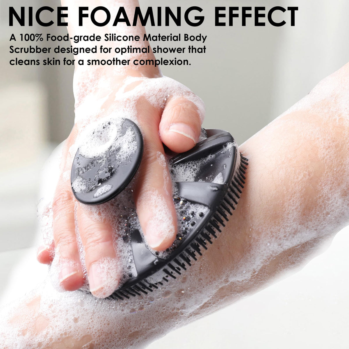 INNERNEED Black Silicone Body Scrubber in a travel bag