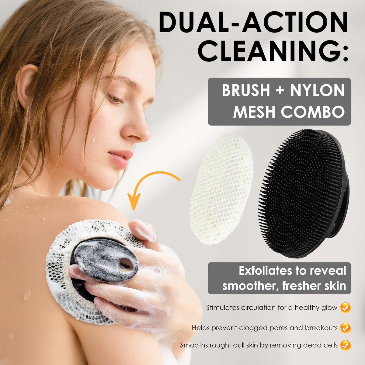 INNERNEED Black Silicone Body Scrubber with exfoliating net sponge