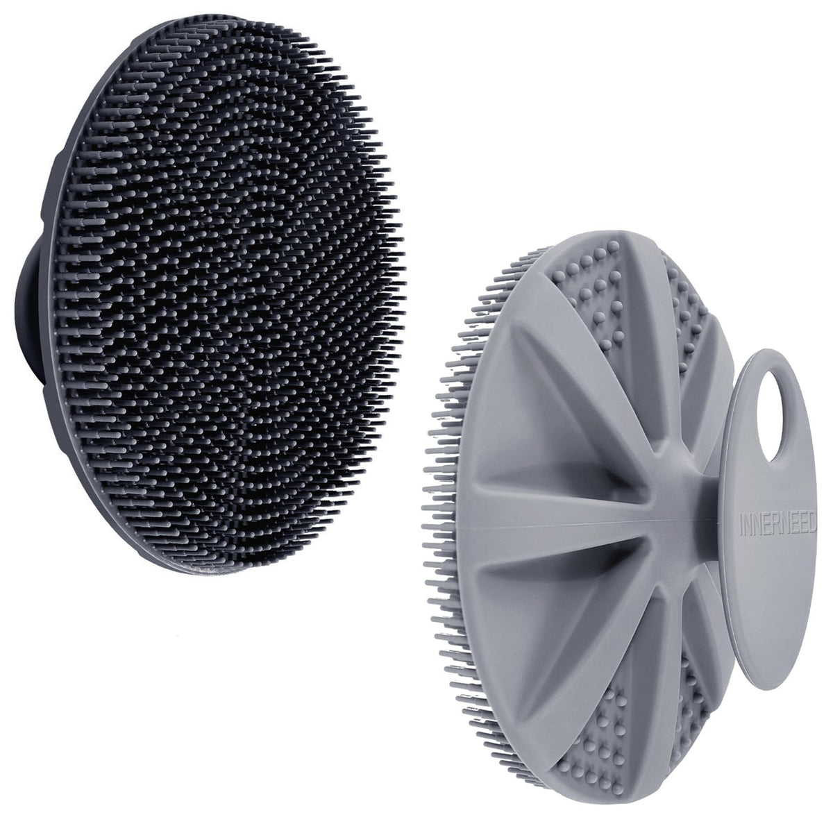 INNERNEED silicone body scrubber front view in black and gray