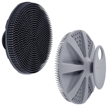 INNERNEED silicone body scrubber front view in black and gray